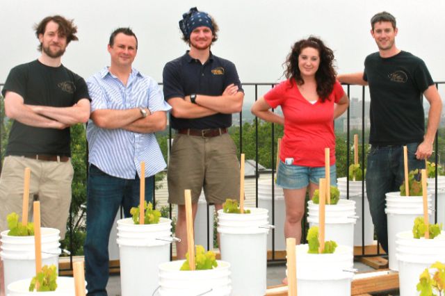 Rooftop Red co-founder Thomas Shomaker; Mark Snyder, owner of the Red Hook Winery; Rooftop Red co-founder Evan Myles; Sandra Snyder; and Rooftop Red co-founder Devin Shomaker
